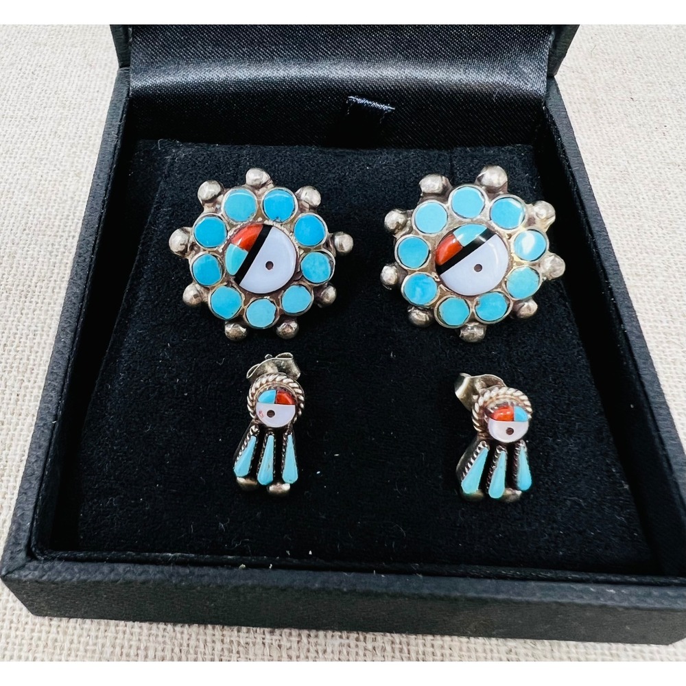 Zuni Sterling Silver Sunface Turquoise Inlay Earring Set 2 Pairs Southwestern